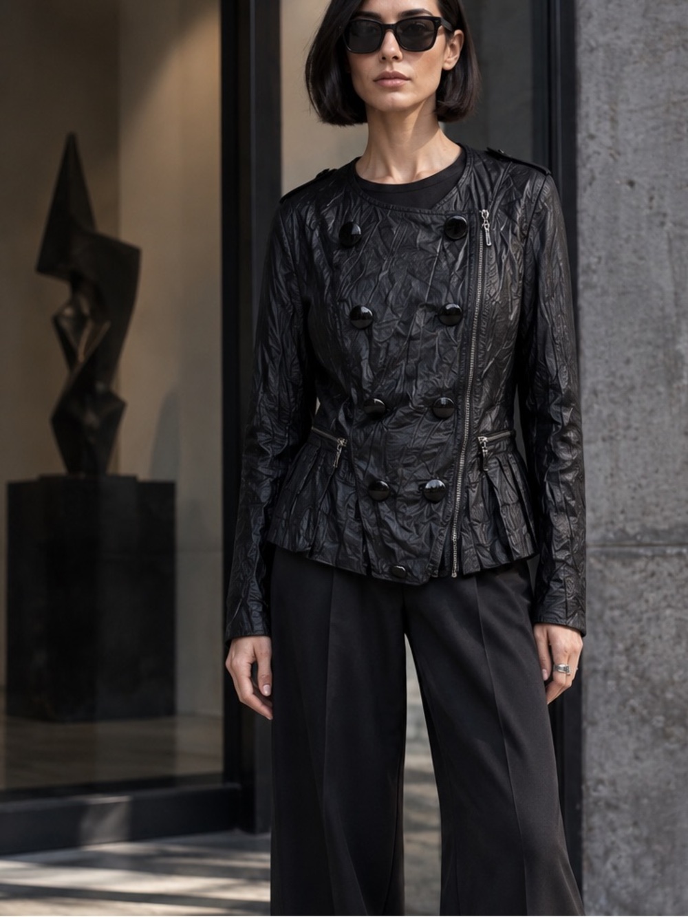 NWT VERTIGO QuietLuxury Black Crinkle Vegan Downtown Leather Moto Jacket, L